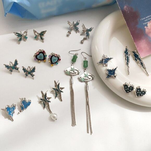 Turquoise Silver Rhinestone Chain Dangly Earrings Boho Retro Festive Goth Artsy - Picture 3 of 4